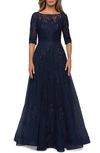La Femme Floral Lace & Tulle Gown In Navy