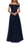 La Femme Off-the-shoulder Rhinestone Embellished Tulle A-line Gown In Blue