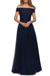 La Femme Off-the-shoulder Rhinestone Embellished Tulle A-line Gown In Navy