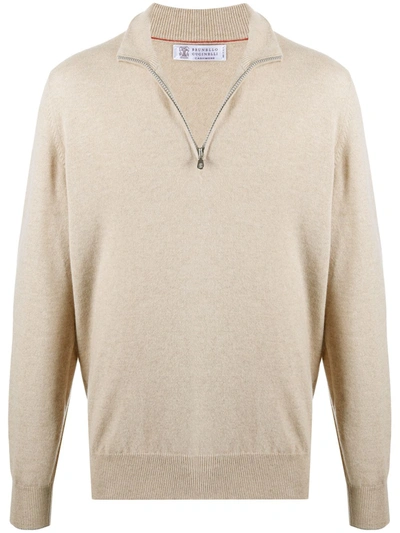 Brunello Cucinelli High Neck Zip Front Sweatshirt In Neutrals