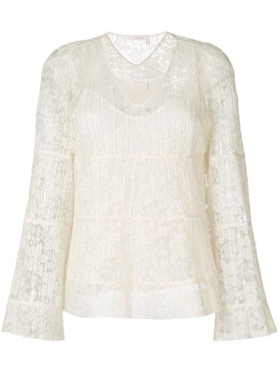 See By Chloé 'pleated Lace V-neck' Bell Sleeve Blouse In Natural White