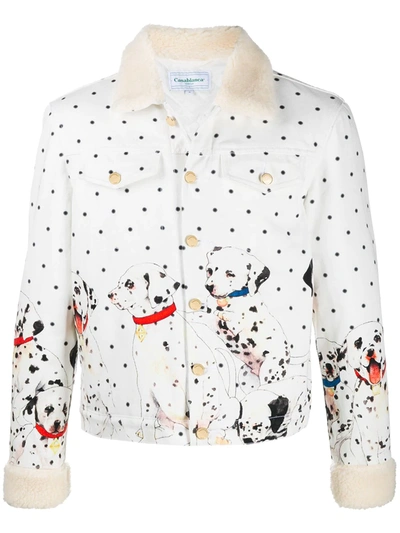 Casablanca Polka Dot And Dalmation Print Faux Fur-trimmed Jacket In White