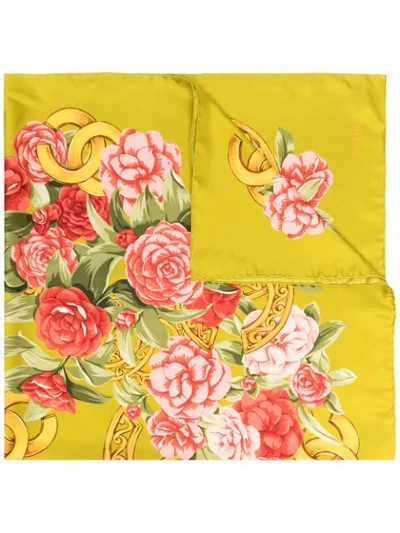 Pre-owned Chanel 1990s Cc Floral Print Scarf In Green