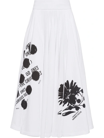Prada Women's Printed Pleated Cotton A-line Midi Skirt In White