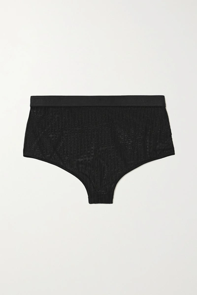 Balmain Striped Stretch-tulle Briefs In Black