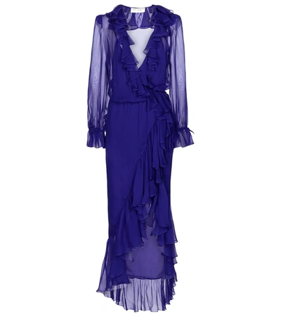Saint Laurent Ruffled Silk-chiffon Wrap Midi Dress In Blue