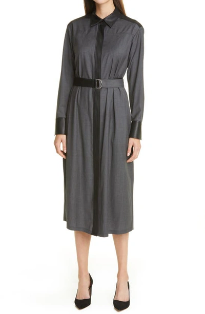 Hugo Boss Deluta Mixed Media Belted Shirtdress In Medium Grey Melange