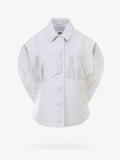 Mm6 Maison Margiela Sleeveless Leather Shirt With Fringes In White