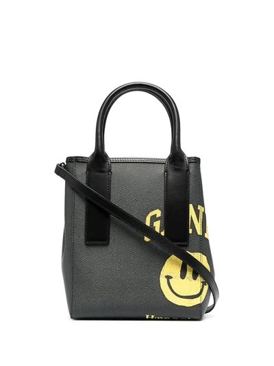 Ganni Smiley Face Coated Canvas Tote Bag In Black