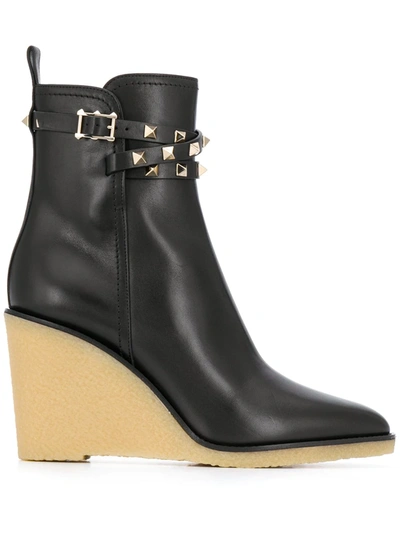 Valentino Garavani Rockstud Wedge-heel Leather Ankle Boots In Black