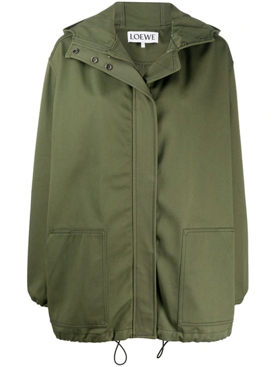 Loewe Hooded Zip-up Parka Coat In Green