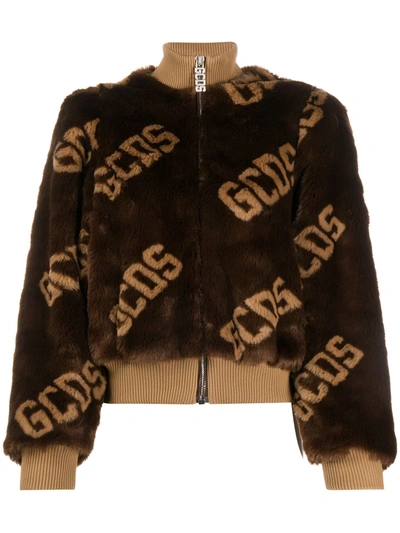 Gcds Textured Logo Print Bomber Jacket In Brown