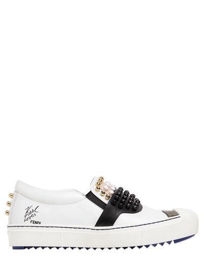 Fendi Embellished Slip-on Leather Sneakers In White | ModeSens