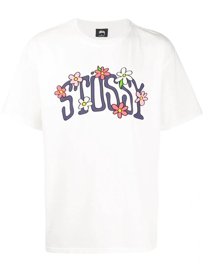 Stussy Floral Logo Short Sleeved T-shirt In White
