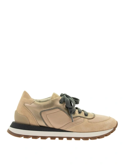 Brunello Cucinelli Sneakers Suede, Nappa Leather And Lamé Nappa Runners With Shiny Contour In Rose Gold