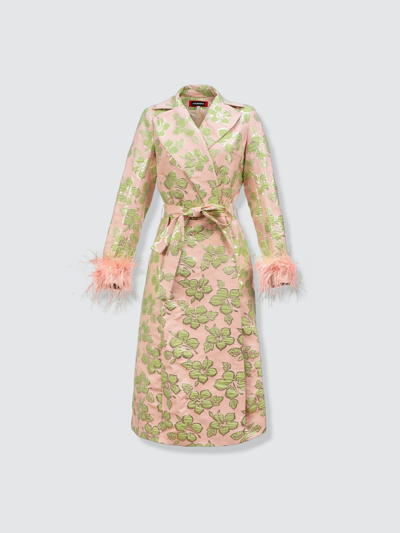 Andreeva Pink Jacquard Coat №19 With Detachable Feather Cuffs