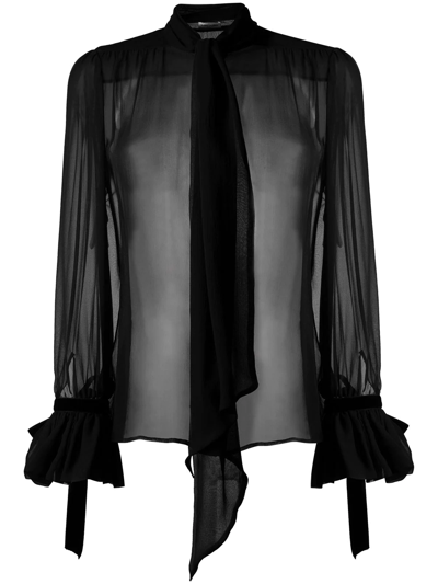 Saint Laurent Tie Neck Silk Blouse In Black