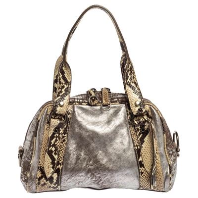 Pre-owned Miu Miu Silver/cream Leather And Python Zip Satchel