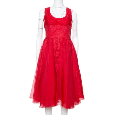 Pre-owned Dolce & Gabbana Red Silk Organza Lace Trim Flared Dress M
