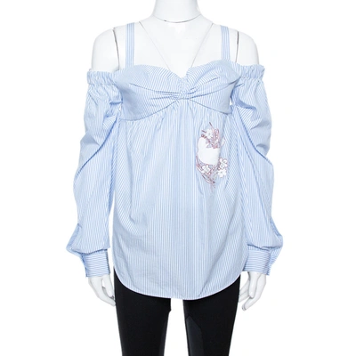 Pre-owned N°21 Light Blue Striped Cotton Embroidered Off Shoulder Top S