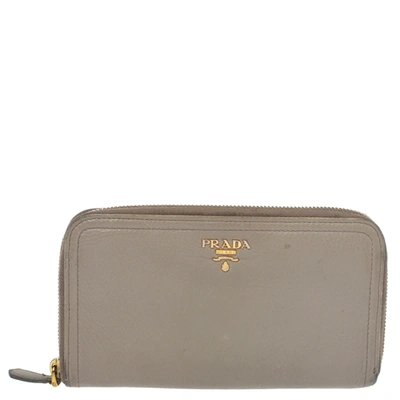 Pre-owned Prada Taupe Leather Zip Around Continental Wallet In Grey