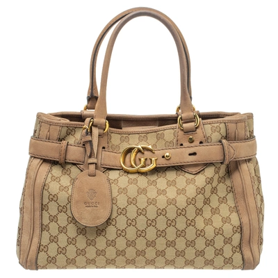 Pre-owned Gucci Beige/brown Gg Canvas And Nubuck Medium Running Tote