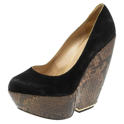 Pre-owned Nicholas Kirkwood Black Suede And Python Leather Wedge Platform Pumps Size 39.5