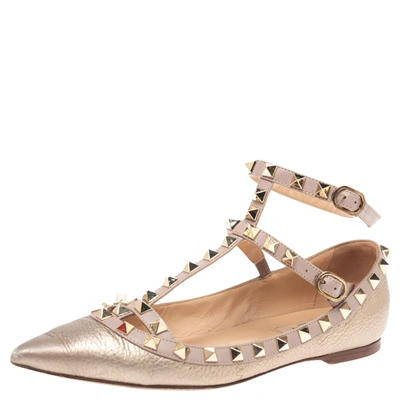 Pre-owned Valentino Garavani Metallic Bronze Leather Rockstud Ankle Cuff Ballet Flats Size 36.5