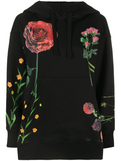 Valentino Floral-print Hoodie In Black