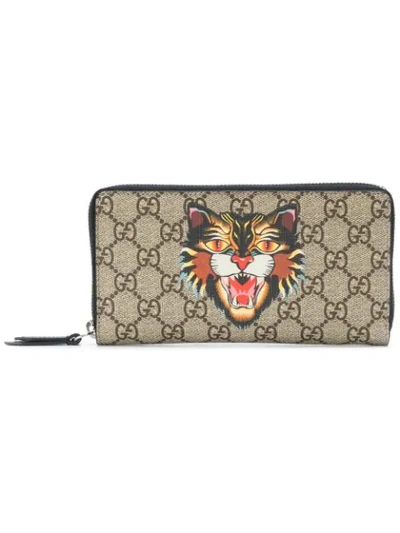 Gucci Angry Cat Print Gg Supreme Zip Around Wallet In Beige