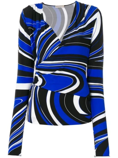Emilio Pucci Wave-print Long-sleeve Wrap Top In Blue