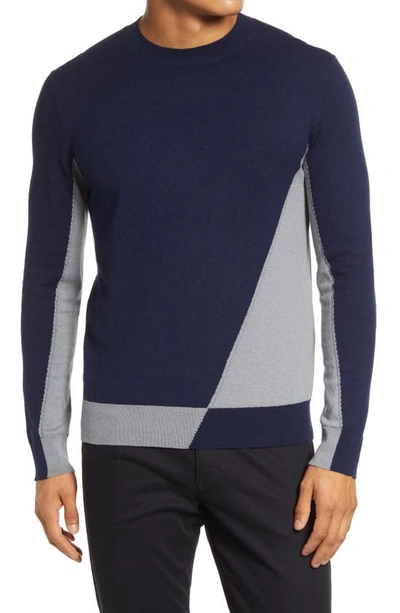 Karl Lagerfeld Asymmetric Color Block Wool-cotton Sweater In Grey/ Navy