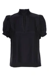 Frame Pleated Puff-sleeve Silk Mockneck Top In Noir