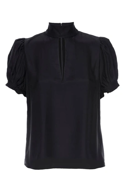 Frame Pleated Puff-sleeve Silk Mockneck Top In Black