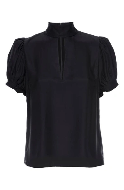 Frame Pleated Puff-sleeve Silk Mockneck Top In Noir