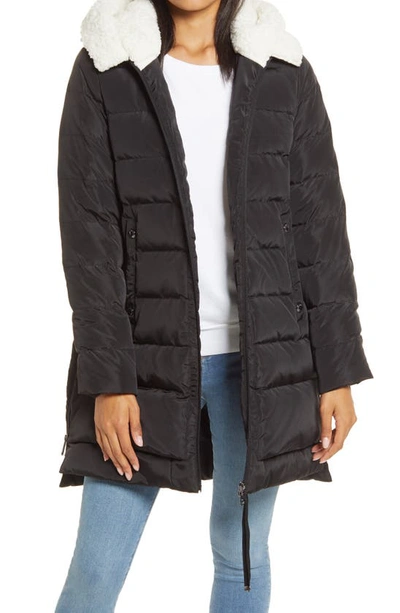 Sam Edelman Puffer Coat With Faux Shearling Lined Hood In Black