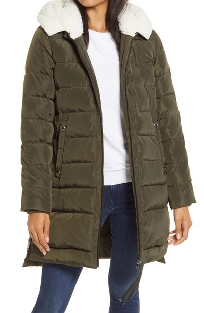Sam Edelman Puffer Coat With Faux Shearling Lined Hood In Olive
