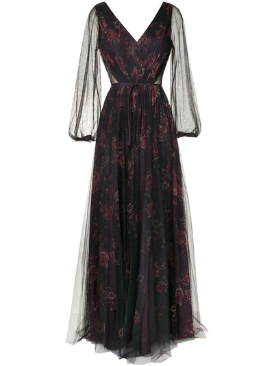 Marchesa Notte Bridesmaids Sheer Floral Maxi Dress In Purple