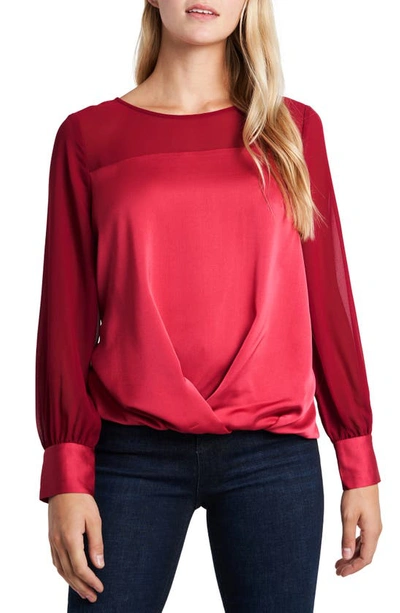 Vince Camuto Women's Long Sleeve Fold Over Front Mixed Media Blouse In Deep Red