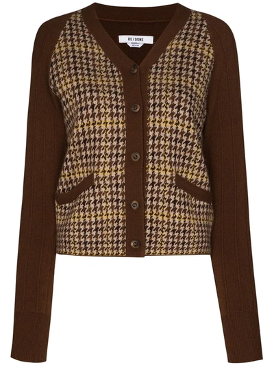 Re/done Houndstooth-check And Ribbed-knit Cardigan In Brown