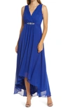 Eliza J Embellished High/low Chiffon Dress In Peacock Blue