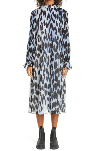 knee length dresses for ladies GANNI leopard print long dress with signature ruffled collar – BOREAL REBORN