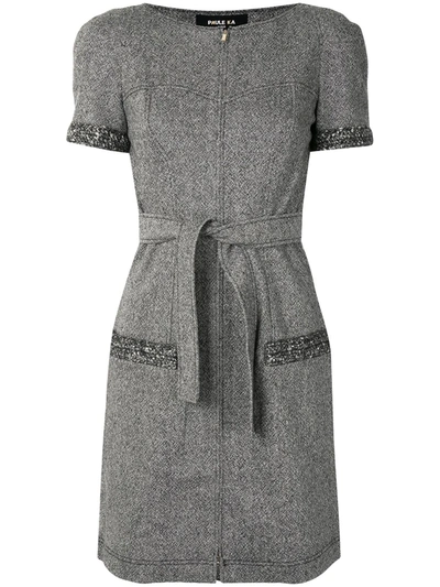 Paule Ka Belted Tweed Midi Dress In Grey