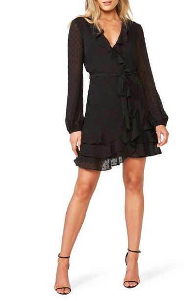 Bardot Triple Frill Long Sleeve Wrap Minidress In Black