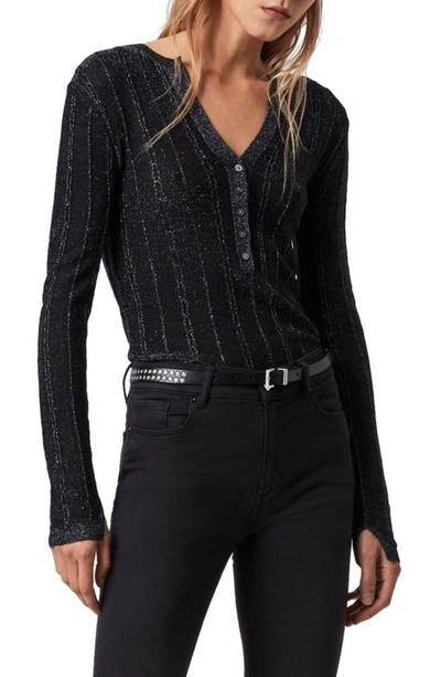 Allsaints Agnetha Henley Fitted Sweater In Metallic-blues