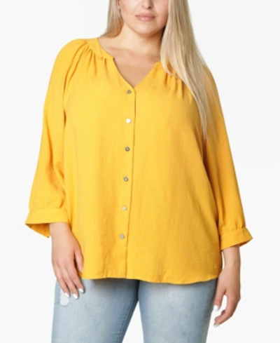 Adrienne Vittadini Women's Plus Size 3/4 Sleeve Shirred Neck Button Front Blouse In Golden Glow