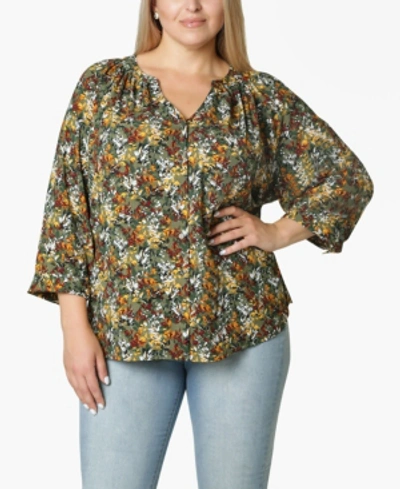 Adrienne Vittadini Women's Plus Size 3/4 Sleeve Shirred Neck Button Front Blouse In Spicy Leaf