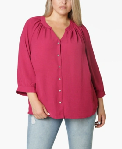 Adrienne Vittadini Women's Plus Size 3/4 Sleeve Shirred Neck Button Front Blouse In Sangria