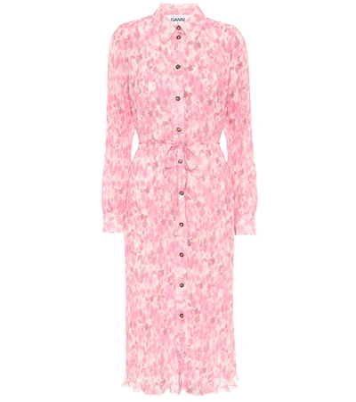 Ganni Floral Long Sleeve Plisse Georgette Midi Dress In Pink