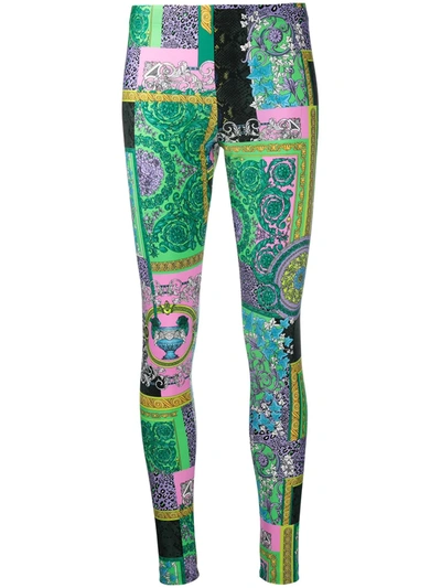 Versace Barocco Patchwork Print Leggings In Green,pink,gold